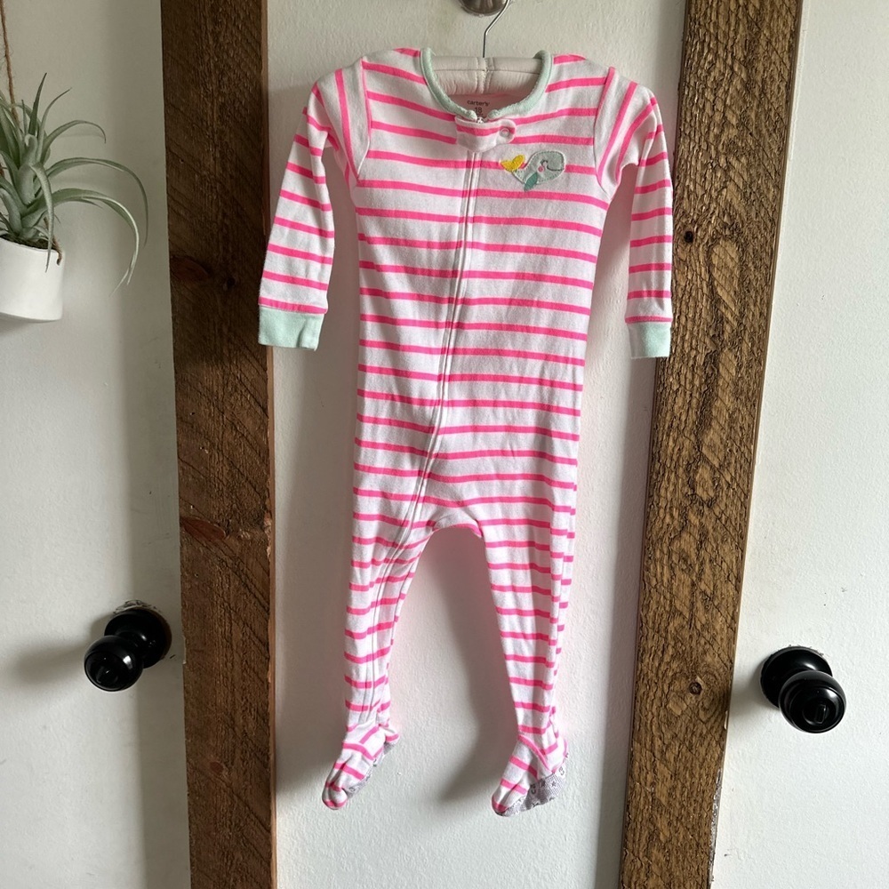 Carter’s Striped Whale Zip Footie Pajamas 18M Baby Girl EUC